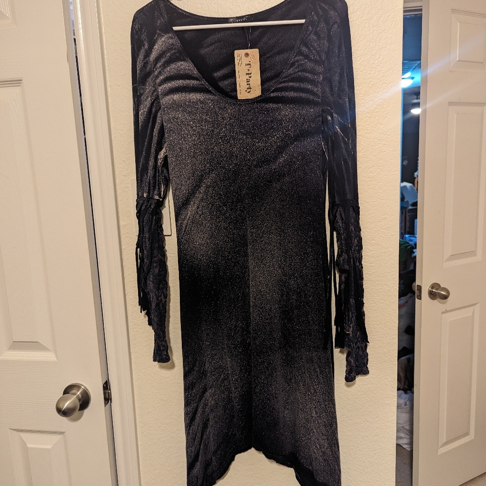 T Party Fashion Distressed dark blue fringe Top Size Small - Picture 3 of 7